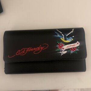 Ed Hardy Black Wallet with Rhinestone hummingbird & rose design